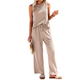 Ekouaer Womens Pajamas 2 Piece Lounge Set Waffle Knit Loungewear Sleeveless Tank Top with Long Pants Outfits,Khaki