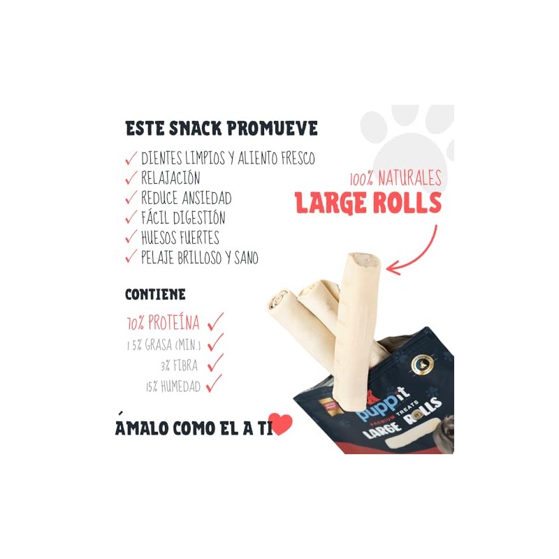 PUPP IT Rollos Grandes de Carnaza Premium, Snack Natural para