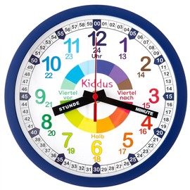 Kiddus Wall Clock for Children, Boys and Girls, Analogue Time Teacher with Time Learning Exercises, Easy to Read, Easy to Learn to Tell the Time, German blue