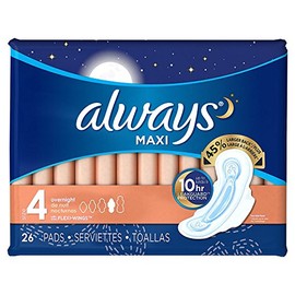 Always Maxi Overnight Pads with Wings, Size 4, Overnight, Unscented, 26 CT