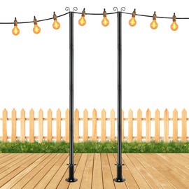String Light Poles for Ground, 8FT Heavy Duty Adjustable Metal Poles for Outdoor String Light Hanging with Flange Base, Backyard, Garden, Patio, for Party (2 Pcs)