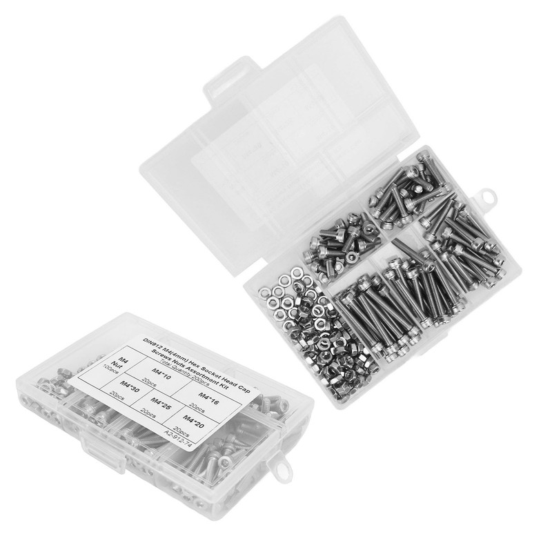 200Pcs Hex Socket Head Cap Screws Nuts Assortment Kit M4