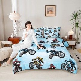 Erosebridal Dirt Bike Bedding Set Twin Size, Extreme Sport Comforter Set for Kids Boys Teens, Motorbike Sport Quilted Comforter Motocross Rider Bedding Comforters 2 Pieces with 1 Pillow Case, Blue