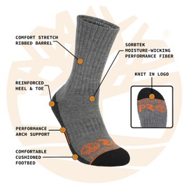 Timberland PRO Mens Work Crew Socks, Sorbtek Moisture Control Mens Socks, Arch Support, Cushioned Footbed (Size 7-12; Multiple Colors; 6 Pairs)