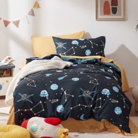 Sonive Duvet Cover Set for Babies Cot 100x135cm+40x60cm Microfibre Bedding Set UFO Cosmic Radio Constellation Moon Meteor, Blue Galaxy, 1 Duvet Cover and 1 Baby Pillow Sham