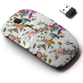 2.4G Wireless Mouse with Cute Pattern Design for All Laptops and Desktops with Nano Receiver - Humming Bird Roses Peony Leaves