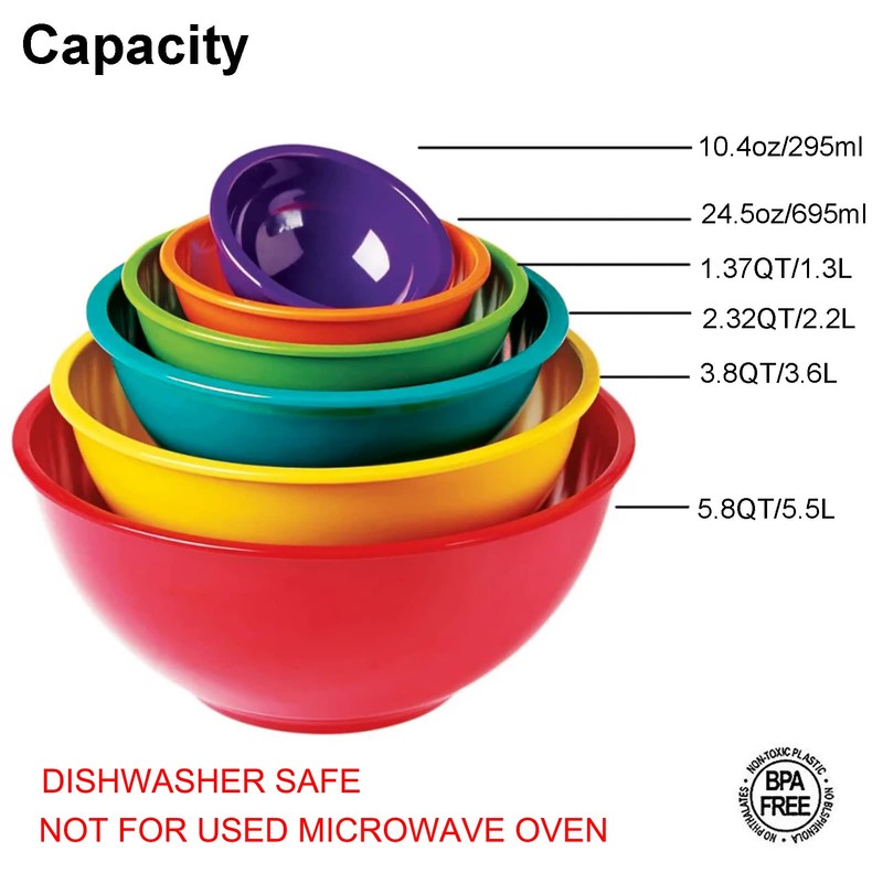 KOXIN-KARLU 6-Piece Nesting Melamine Mixing Bowl Set with Lids, Multicolor