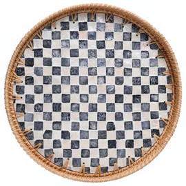 14'' Rattan Checkered Tray with Mother of Pearl, Round Coffee Table Tray Decor, Round Wicker Boho Decorative Woven Serving Tray (Checkerboard)