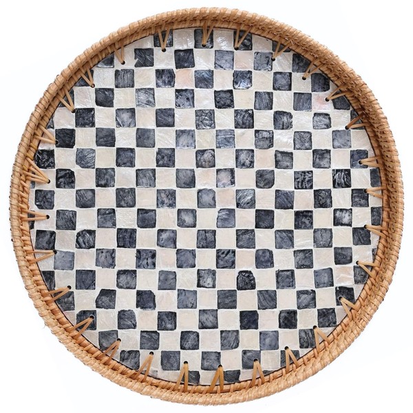 14'' Rattan Checkered Tray with Mother of Pearl, Round Coffee