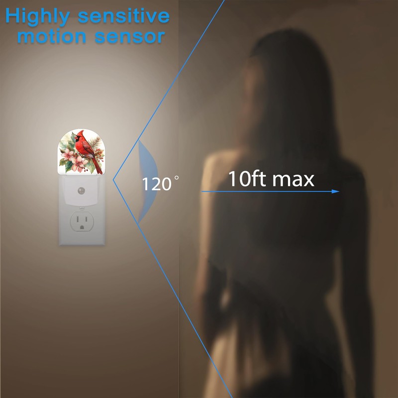 YESPOAK Night Light,Red Cardinal Bird Flowers Night Lights Plug Into