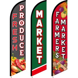 Mindsoft 3 Pcs Fresh Produce Feather Flag 12 Feet Tall Farmers Market Sign Fresh Produce Advertising Sign Farmers Market Feather Advertising Flag for Vegetable Business Outdoors Events Publicity