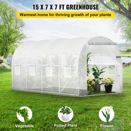 VEVOR Walk-in Tunnel Greenhouse, 15 x 7 x 7 ft Portable Plant Hot House w/ Zippered Door, 8 Roll-up Windows, Galvanized Steel Hoops, 1 Top Beam, and 2 Diagonal Poles, White