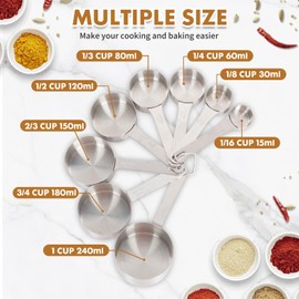 Laexepelle Measuring Cups and Spoons Set, 8 Stainless Steel Nested and Stackable Measuring Cups long Handles with Lasered Markings and Sorting Ring for Wet and Dry Cooking & Baking (8 Pieces)