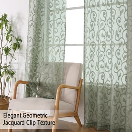 OWENIE Furman Sage Green Sheer Curtains 54 Inch Length 2 Panels Set for Living Room Bedroom Bathroom Small Window, Airy Jacquard Clip Short Curtains Each 42Wx54L inch