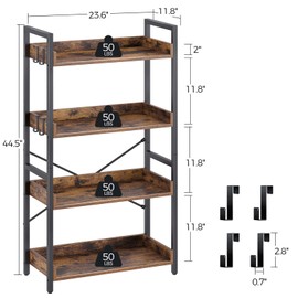 Rolanstar Bookshelf 4 Tier with 4 Hooks, Industrial Wood Bookcase, Vintage Storage Rack with Open Shelves, Rustic Standing Bookshelves Metal Frame Display Rack for Living Room, Bedroom, Rustic Brown