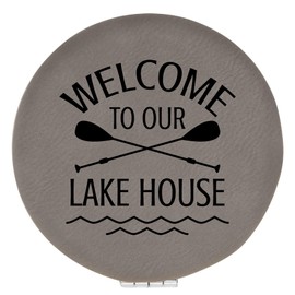 Enthoozies Welcome to Our Lake House Gray 2.5" Diameter Laser Engraved Leatherette Compact Mirror