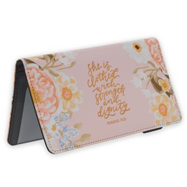 Christian Art Gifts Premium Vegan Leather Scripture Checkbook Cover for Women: Strength & Dignity Inspirational Bible Verse Accessory, Duplicate Checks, ID/Card Slots, Pen Loop, Pink Multicolor Floral