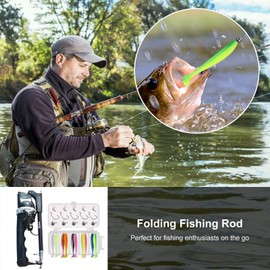 Fishing Rod and Reel Combos | Foldable Fiberglass Reels Baitcasting Combos with 25 Lures | Backpacking Equipment for Sea Saltwater Freshwater Kit