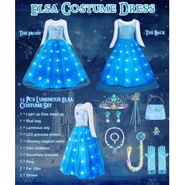 COYBTO Princess Costumes for Girls, LED Light Up Elsa Anna Dress Up with Luminous Crown Necklace Sets, Elsa Anna Princess Dress, Elsa Costume Kids Fancy Dress for Carnival Party