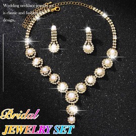 Nicute Rhinestone Pearl Bridal Wedding Jewelry Set Sparkly Crystal Necklace Earrings Set Prom Costume for Women (Gold)