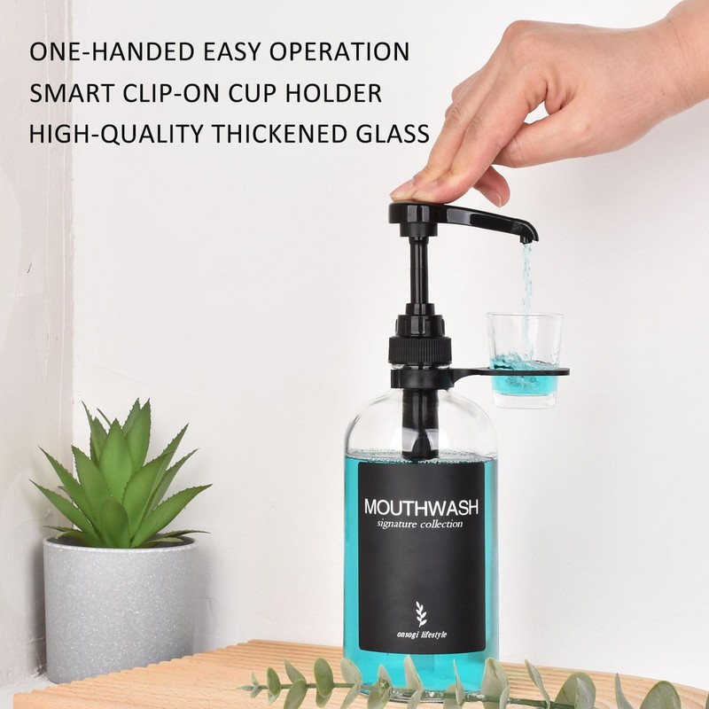Onsogi Clear Glass Mouthwash Dispenser with Black Cup Holder and
