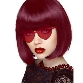 NSODREEM Dark Red Wig and Party Sunglasses, Cosplay Color Bob Wig Party Rainbow Wig with Neon Glasses for Women - Bachelorette Party Wigs Decorations Favors (Wine Red)
