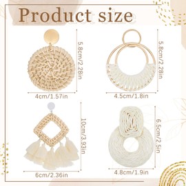 meekoo 4 Pairs Rattan Earrings for Women Beach Essentials Tassel Dangle Boho Straw Earrings(Bright)