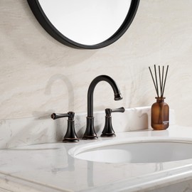 TimeArrow Oil Rubbed Bronze 8 inch Widespread Bathroom Sink Faucet 3 Holes with Pop-Up Drain, 2 Handle Modern Bathroom/Vanity/Lavatory Faucet with Brass 360° Swivel Spout, TAF830Y-ORB