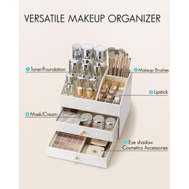 Vlando Makeup Organizer for Vanity,Large Capacity Countertop Organizer with Drawers, PU Leather Cosmetic Display Case for Lipstick,Brushes,Skincare,Nail polish and Bedroom Storage (White)