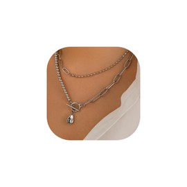 LXSSLY Silver Layered Baroque Pearl OT Clasp Necklace for Women Stacking Beaded Ball Chain Paperclip Pearl Chain Choker Necklace Fashion Retro Charm Jewelry