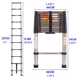 Telescopic Ladder 10.5FT Extendable Ladder, Folding Ladder Stepladder Non-Slip, Made Stainless Steel, 3.2m Multi-Purpose Ladder, Household Ladder 330lb Load Capacity