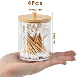 TIMESETL 4x10 Oz Cotton Swab/Ball/Pad Holder, Clear Plastic Apothecary Jar Set for Cotton Ball, Swab, Round Pads, Floss, Cotton Bud Holder, Clear Plastic Jars with Lids