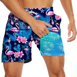 Rashmika Mens Swim Trunks with Compression Liner Flamingo Flower Swim Shorts 5 Inch Quick Dry Mens Board Shorts