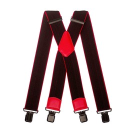 Olata Men's Extra Wide X-Shape Braces/Suspenders in Black with Coloured Leather - 5cm. Black/Red (Black Clips)