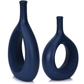 12" Tall Navy Blue Vase Set of 2 - Matt Blue Vases Home Decor Farmhouse Table Blue Decor Accents, Hollow Ceramic Vase for Flower&Pampas Grass Decorations Navy Blue Jarrones Decorativos para Sala