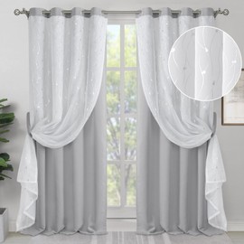 BGment Room Darkening Curtains with Sheer Overlay, Thermal Insulated Double Layer Curtains for Living Room, Grommet Silver Printed Window Curtain for Bedroom, 2 Panels Each 52 x 84 Inch, Light Grey