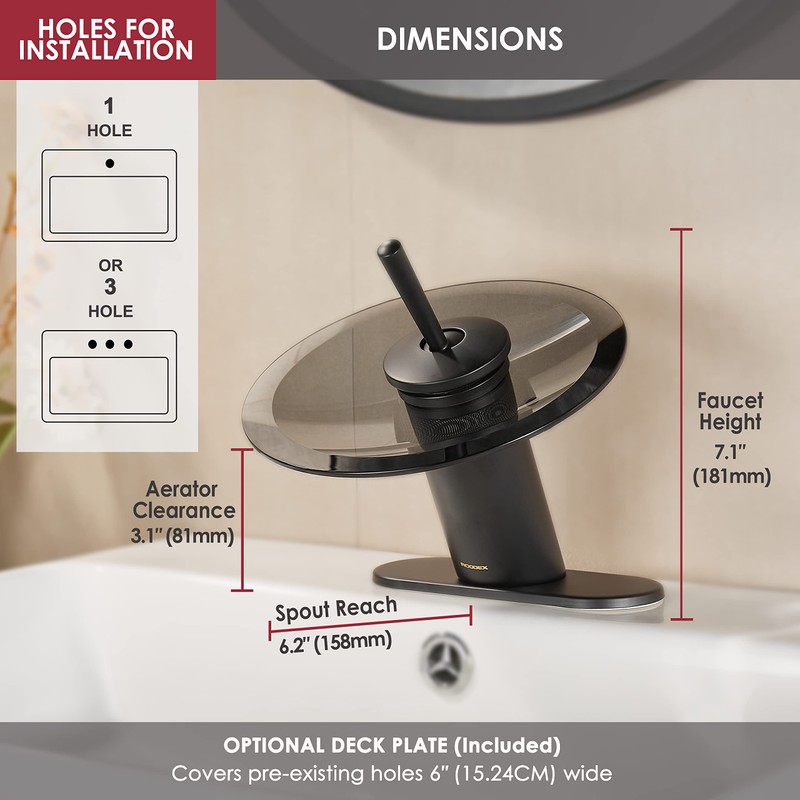 RODDEX Waterfall Bathroom Sink Faucet Solid Brass Modern Circle Glass