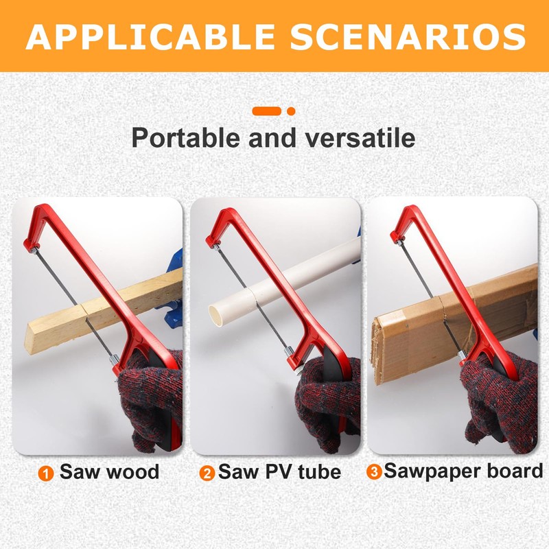 Small Hacksaw Set with 10 Exchangeable Blades, Red Black Adjustable