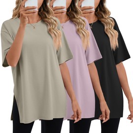 Huukeay 3 Pack Women's Oversized Gym T Shirts Cotton Short Sleeve Side Split Crewneck Tops Casual Workout Baggy Basic Tee(Black, Gray Purple, Khaki,L)