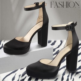 Ankis Platform Closed Toe Heels for Women, Black Satin Womens Heels Closed Round Toe Chunky Block Pumps Shoes, 4 Inch