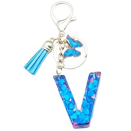Unpafcxddyig Initials Letter Keychain Blue Tassel Butterfly Pendant for Women Wallet Backpack Purses,Letter V