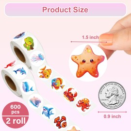 UVUXO 600 Pcs Sea Animals Stickers for Kids- 1.5 Inch Round Stickers Roll 16 Tyles Cartoon Ocean Life Kindergarten Stickers Teacher Stickers for Kids Birthday Party School Reward Giveaways