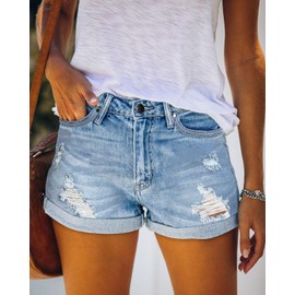 onlypuff Light Blue Jean Shorts Women High Waisted Trendy Curvy Denim Shorts Women Casual Relaxed Fit Small