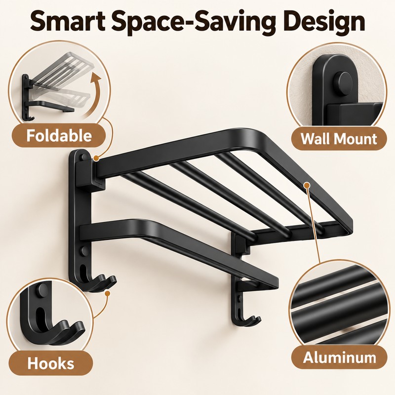Matte Black 50CM Folding Towel Rack – Wall-Mounted Aluminum Towel