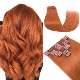 Hairro Clip in Human Hair Extensions, 100% Real Hair Clip on Hairpieces Thin Long Straight 70g Machine Weft 8pcs 18 Clips for Women, 22 Inch Copper Auburn