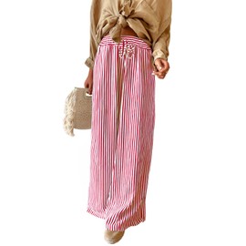 Acelitt Women's Casual Striped Loose Wide Leg Pants Drawstring Elastic High Waisted 2025 Summer Fashion Beach Pants Trousers Red XXL