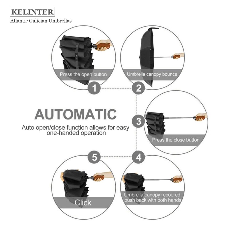 KELINTER® Wooden Handle Windproof Folding Umbrella with Auto Open and
