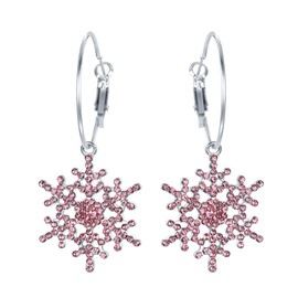 EVER FAITH Snowflake Earrings Austrian Crystal Winter Snowflake Hoop Pierced Dangle Earrings Pink Silver-Tone