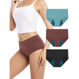TIICHOO High Waisted Period Panties Heavy Flow Soft Leakproof Underwear for Women 3 Pack (X-Large, Black/Turquoise Green/Brown