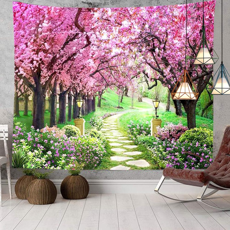 CHENGOR Tree Flower Tapestry Forest Path Red Cherry Blossom Wall